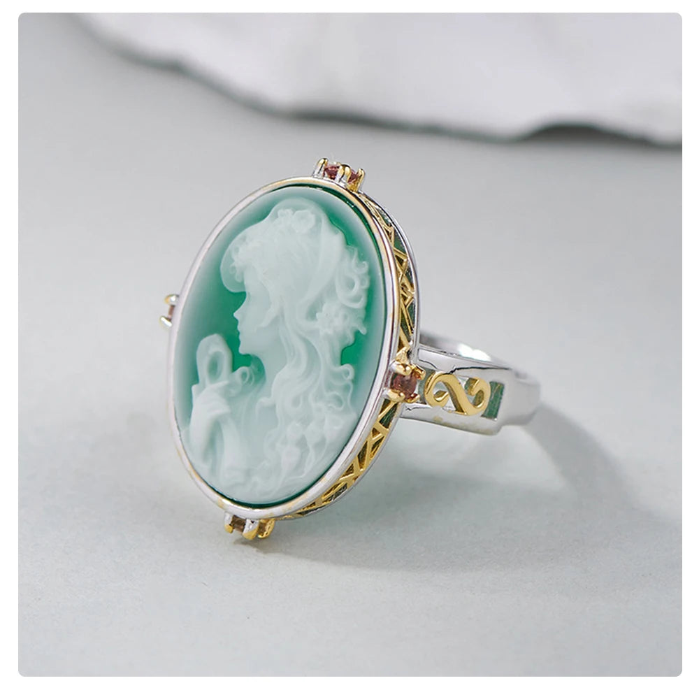 Bague Camée Argent Pierre Verte